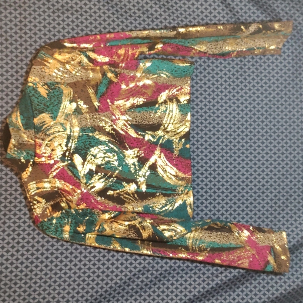 Cleo Tops - Gold, magenta and teal long sleeve turtleneck crop top. Size- 2XL - Picture 4 of 4